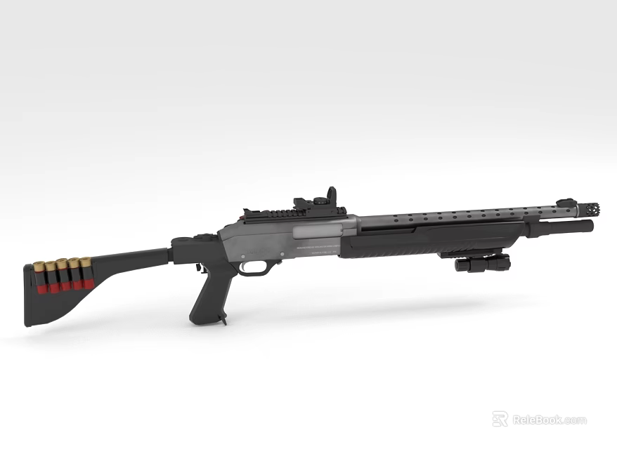 Modern Tactical Shotgun With Black Body Red Shells Stock Scope And Barrel 3d model 