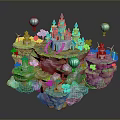 Enchanting Floating Islands With Central Castle Blue Hot Air Balloons Trees And Small Buildings