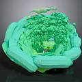 Vibrant Green 3D Landscape Model With Lush Forest Trees And Floating Clouds