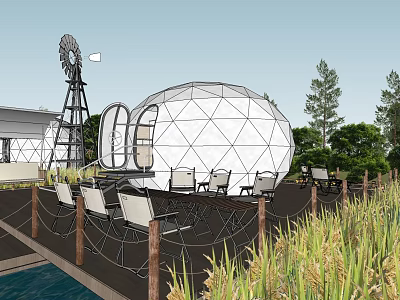 Outdoor Geodesic Dome Structure With Windmill Wooden Deck And Seating Area 3d model