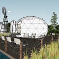 Outdoor Geodesic Dome Structure With Windmill Wooden Deck And Seating Area 3d model