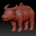 Artistic Red Ox Sculpture Featuring Intricate Carved Patterns And Classic Design
