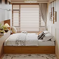 Cozy Double Bed Interior With Wooden Frame Window Blinds Curtains Framed Pictures And Pillows