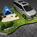 Trumpchi E9 MPV Outdoor Camping Setup With Tent Chair Grass And Sunset Sky