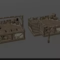 Medieval Weapon Display on Wooden Platform with Stairs Ropes Barrels and Crates