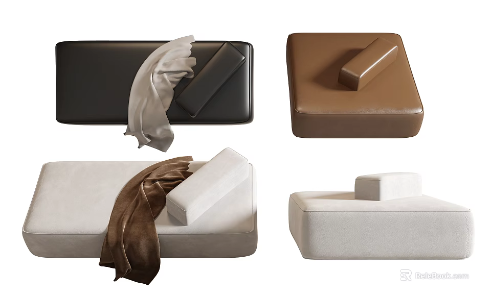 Modern Comfortable Ottoman Sofa Stools in Various Colors with Decorative Blankets 3d model
