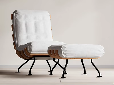 Modern Lounge Chair With White Fabric Cushion Wooden Frame Black Metal Legs And Ottoman 3d model