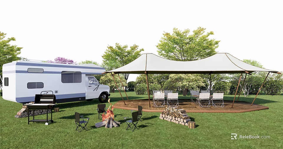 Scenic Garden Landscape With RV Canopy Tent Campfire And Chairs On Green Grass 3d model 