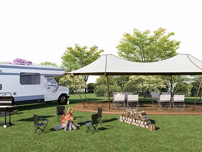 Scenic Garden Landscape With RV Canopy Tent Campfire And Chairs On Green Grass 3d model
