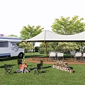 Scenic Garden Landscape With RV Canopy Tent Campfire And Chairs On Green Grass