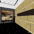 Modern Elevator Hallway Design With Decorative Paintings Lotus Decoration And Black Floor