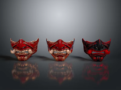 Three Red Traditional Demon Masks with Fierce Expressions and Decorative Patterns Representing Mythical Creature Roles 3d model