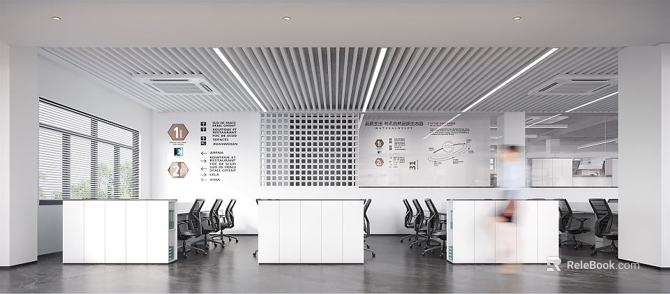 Modern Open Public Office Space Design With White Desks Black Chairs And Wall Charts 3d model 