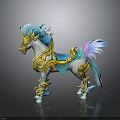 Mythical Fantasy Horse With Blue Mane Tail White Body Golden Armor And Colorful Saddle