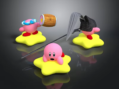 Pink Cartoon Characters On Yellow Star Bases With Wooden Barrel And Umbrella 3d model