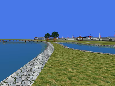 Scenic Landscape Bridge with Blue Water Stone Shore Green Grass Trees Pavilions Red White Lighthouses 3d model