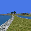 Scenic Landscape Bridge with Blue Water Stone Shore Green Grass Trees Pavilions Red White Lighthouses