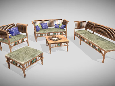 Natural Wooden Sofa And Coffee Table Set With Woven Seats And Colorful Cushions 3d model