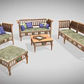 Natural Wooden Sofa And Coffee Table Set With Woven Seats And Colorful Cushions