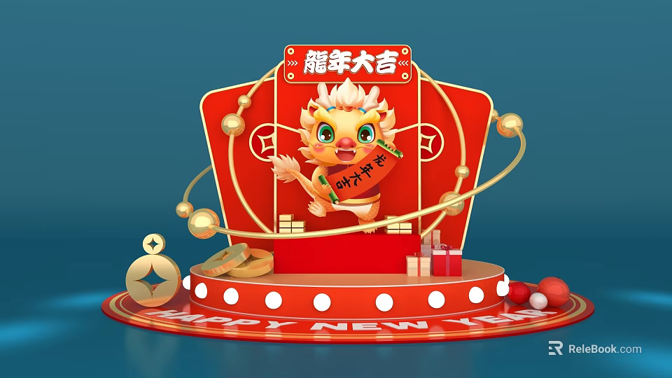 Chinese New Year Decorative Display With Red Gold Dragon And Fortune Elements 3d model