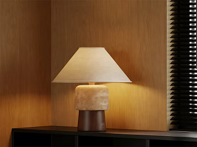 Modern Table Lamp With Beige Lampshade And Textured Brown Base On Black Cabinet 3d model