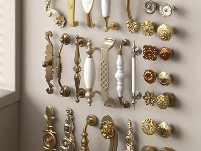 Various Decorative Door Handles And Cabinet Pulls In Brass Gold And White Designs 3d model