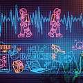 Decorative Neon Lights With Dancer Patterns Sound Wave Lines Battle Hello Dancer Text 3d model
