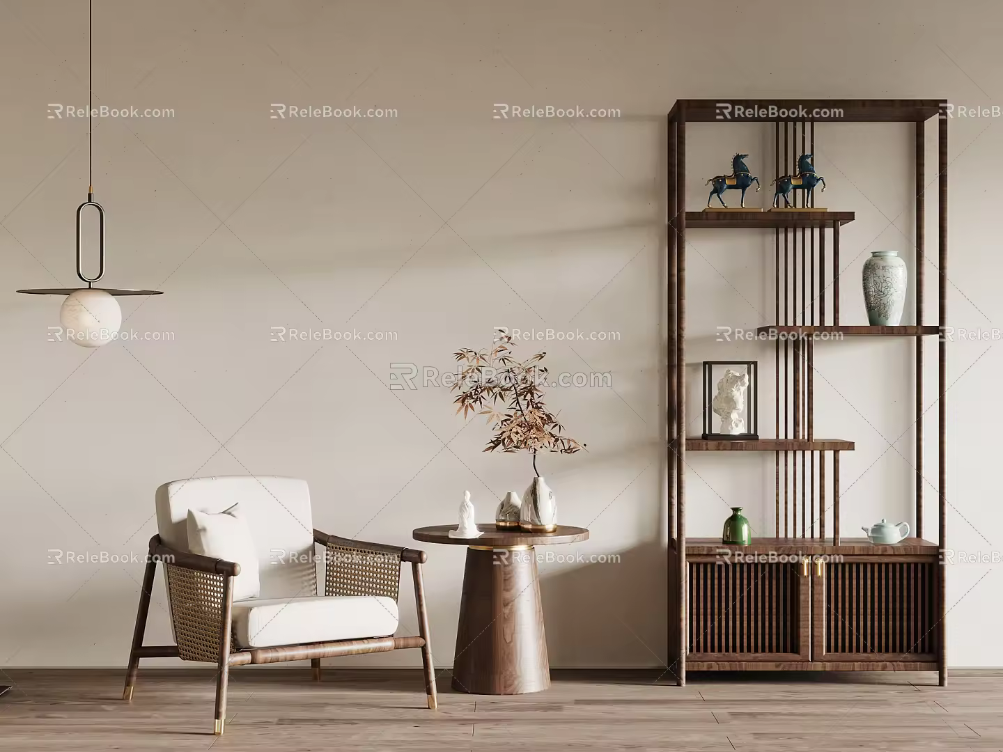 New Chinese Bookshelf Single Leisure Chair Coffee Table Combination 3d model