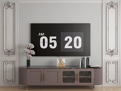 Elegant TV Stand With Cabinet And Glass Doors On Decorative Wall With Vase And Books 3d model