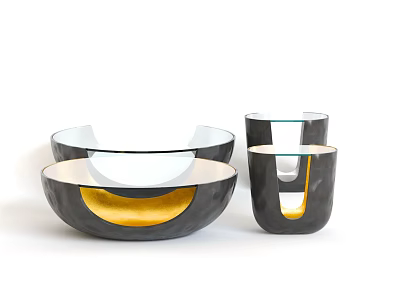 Modern Contemporary Coffee Table Collection With Glass Top And Metal Frame In Black Gold 3d model