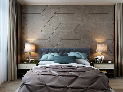 Double Bed with Geometric Background Wall Dark Headboard Gray Blue Pillows and Dark Brown Bedspread 3d model