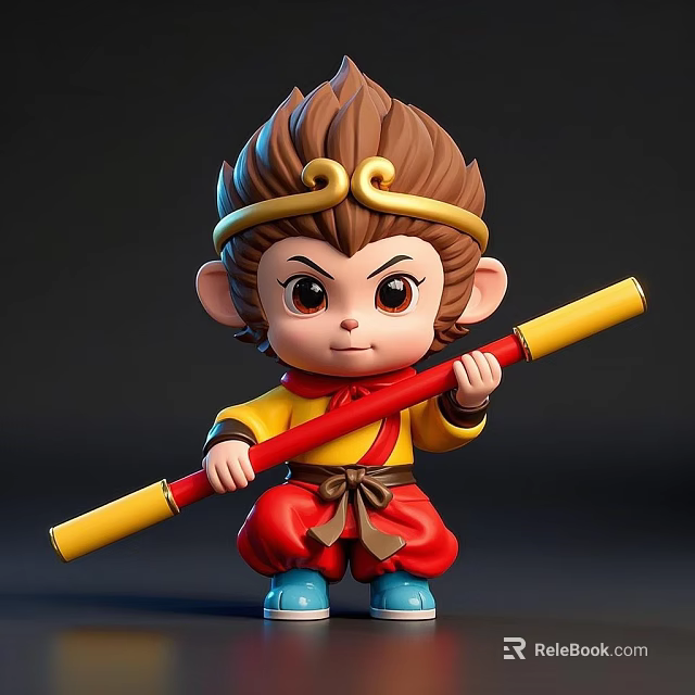 Cartoon Monkey Sculpture Carving With Golden Headband Yellow Top Red Pants Holding Yellow Red Staff 3d model 