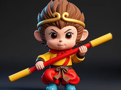 Cartoon Monkey Sculpture Carving With Golden Headband Yellow Top Red Pants Holding Yellow Red Staff 3d model