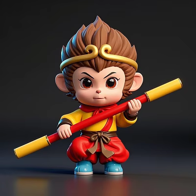 Cartoon Monkey Sculpture Carving With Golden Headband Yellow Top Red Pants Holding Yellow Red Staff 3d model