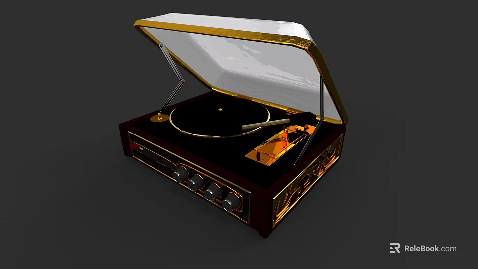 Vintage Black And Gold Turntable With Transparent Lid And Control Panel 3d model 