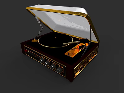 Vintage Black And Gold Turntable With Transparent Lid And Control Panel 3d model