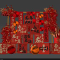 Chinese New Year Red Decorations with Dragon Characters Lanterns and Gift Boxes