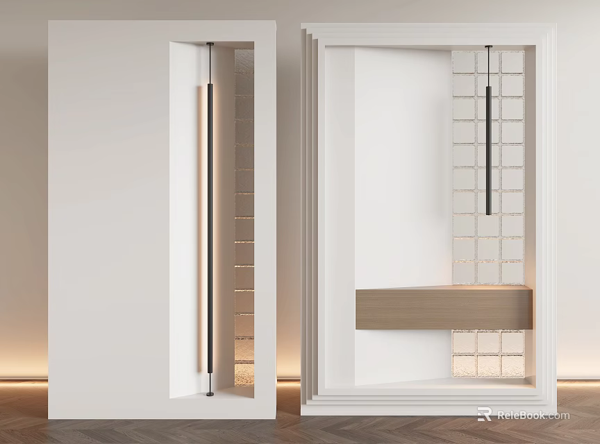 Modern Interior Partition With White Frame Transparent Glass Panels Grid Pattern And Wooden Accent For Home Design 3d model 