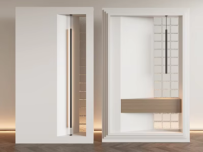 Modern Interior Partition With White Frame Transparent Glass Panels Grid Pattern And Wooden Accent For Home Design 3d model