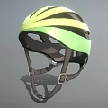 Green And Yellow Striped Modern Sports Helmet With Black Straps And Inner Padding