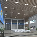 Modern Train Station Hall With Blue Windows XP Banner And White Chairs