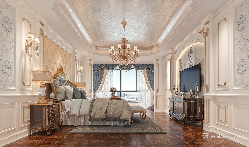 Luxurious Classic Bedroom Interior Design With Chandelier And Upholstered Bed 3d model 