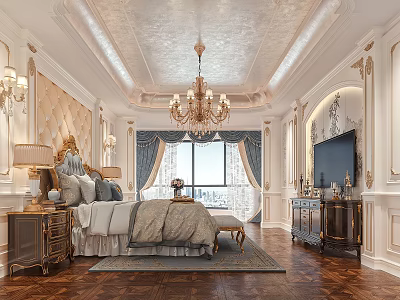 Luxurious Classic Bedroom Interior Design With Chandelier And Upholstered Bed 3d model