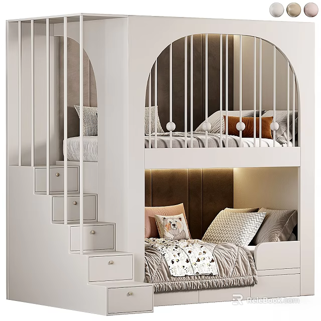 White Modern Bunk Bed With Staircase Drawers And Cozy Bedding 3d model 