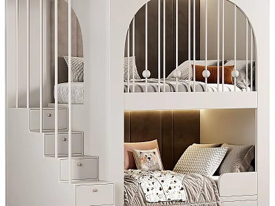 White Modern Bunk Bed With Staircase Drawers And Cozy Bedding 3d model