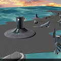 Cartoon Seaside Scene with Futuristic Buildings of Unique Shapes on Water Platforms and Sunset Sky