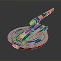 White And Blue Sci Fi Starship Model With Red Light And Circular Base Design 3d model