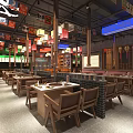 Korean Buffet Restaurant Interior With Colorful Lanterns Wooden Counter And Dining Tables