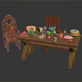 Rustic Wooden Dining Table With Two Chairs Cheese Fruits Cake And Dishes On Top