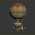 Vintage Hot Air Balloon Model With Stitched Brown Beige Leather And Metal Propeller Base